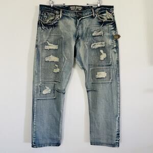 AKOO Jeans Distressed Acid Wash Bleached Denim Relaxed‎ Grunge Mens Size 44-EUC